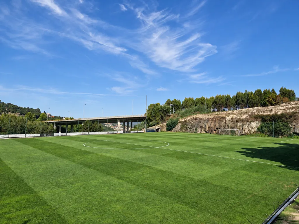 Dezent retuschiertes Fußballfeld im Tageslicht